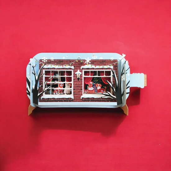 3D pop up kerstkaart - message in a bottle - honden voor raam | mullerwenskaarten