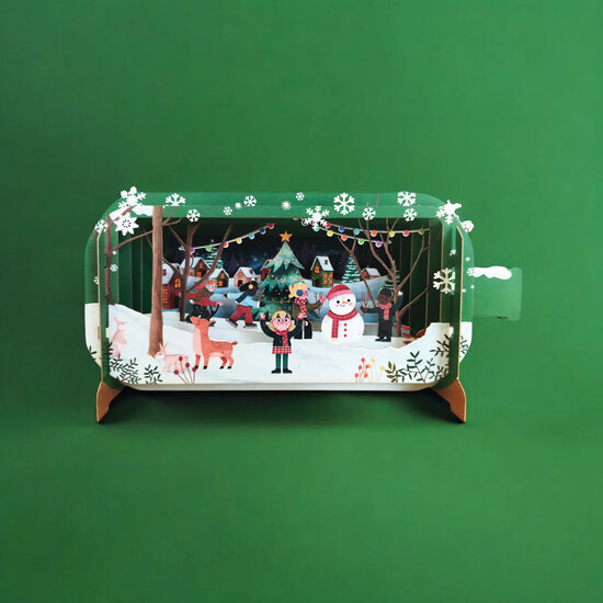 3D pop up kerstkaart - message in a bottle - sneeuwpop | mullerwenskaarten