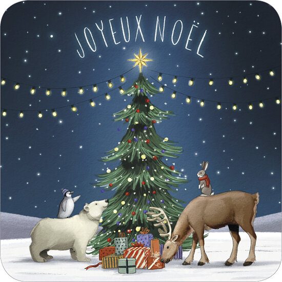 vierkante kerstansichtkaart met envelop Rosie Hilyer - Joyeux No&euml;l - kerstboom