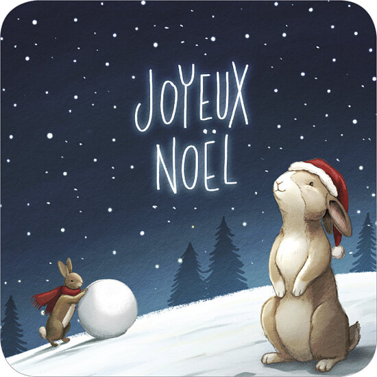 vierkante kerstansichtkaart met envelop Rosie Hilyer - Joyeux No&euml;l - konijnen | muller wenskaarten