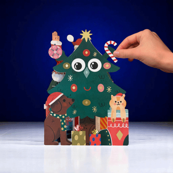 lasergesneden kerstkaart met bewegende ogen - Aww! So Cute! - kerstboom