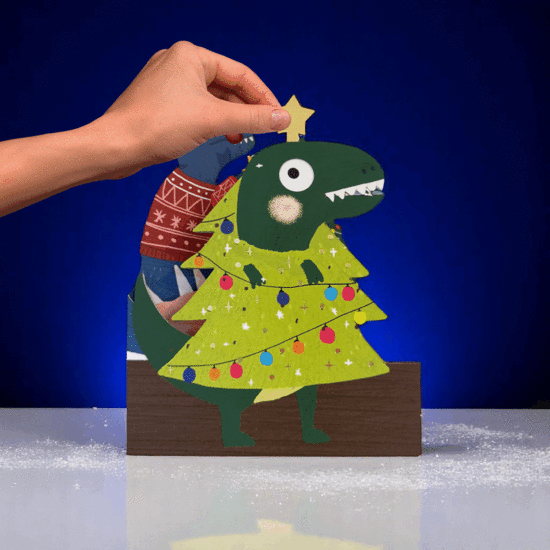 lasergesneden kerstkaart met bewegende ogen - Aww! So Cute! - dinosaurus