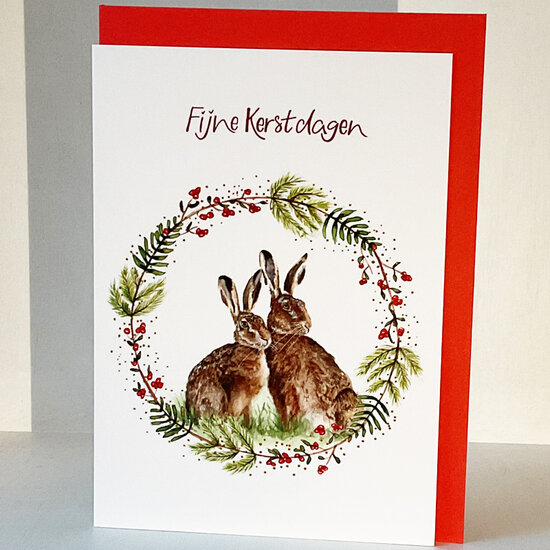 8 kerstkaarten Christa Mulder - fijne kerstdagen - hazen | muller wenskaarten | online kaarten bestellen