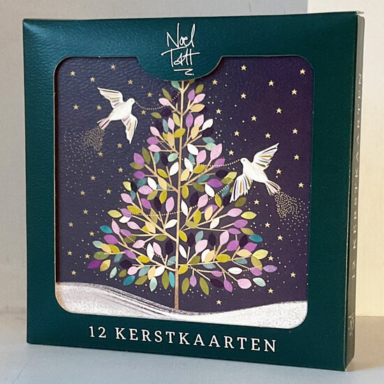 12 kerstkaarten noel tatt - prettige kerstdagen en een gelukkig nieuwjaar - kerstboom en duiven
