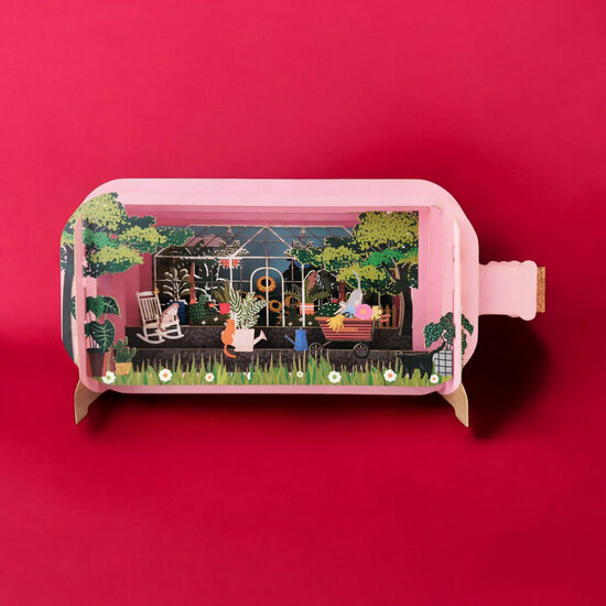 3D pop up wenskaart  - message in a bottle - broeikas en katten | mullerwenskaarten