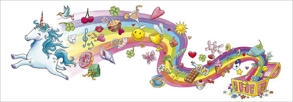 uitklapbare wenskaart cache-cache - eenhoorn en schatkist