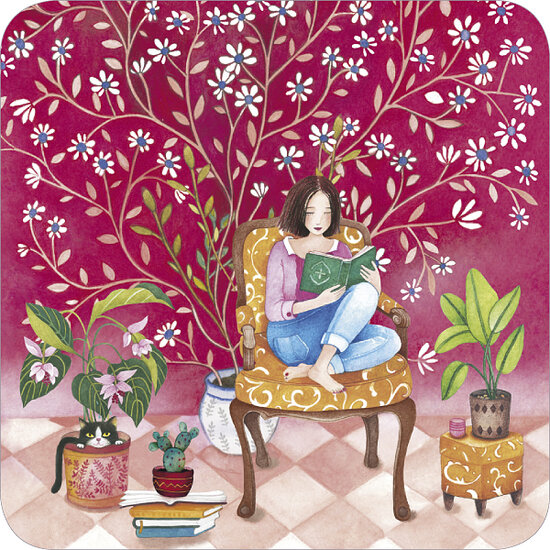 vierkante ansichtkaart met envelop van Mila - boek lezen | mullerwenskaarten