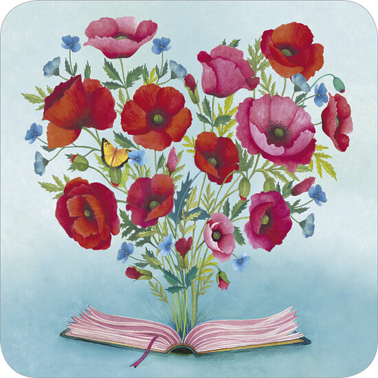 vierkante ansichtkaart met envelop - open boek met bloemen | mullerwenskaarten