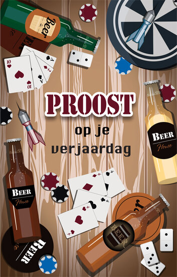 verjaardagskaart - proost op je verjaardag - caf&eacute; spelletjes darten kaarten | muller wenskaarten
