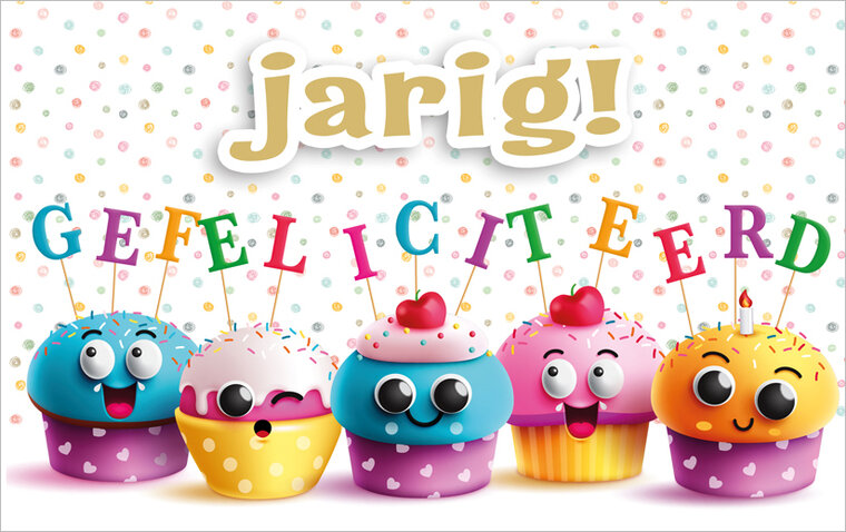 verjaardagskaart - jarig gefeliciteerd - vrolijke cupcakes | muller wenskaarten