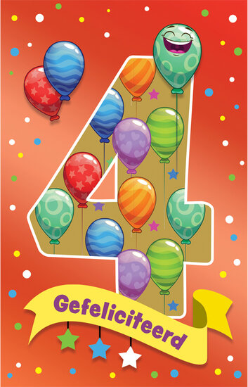 4 jaar verjaardagskaart - gefeliciteerd - ballonnen | muller wenskaarten