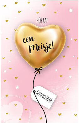 geboortekaartje - hoera een meisje - goudkleurige hartballon | muller wenskaarten