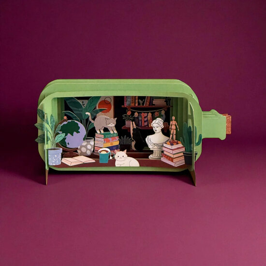 3D pop up wenskaart  - message in a bottle - katten en boeken | mullerwenskaarten