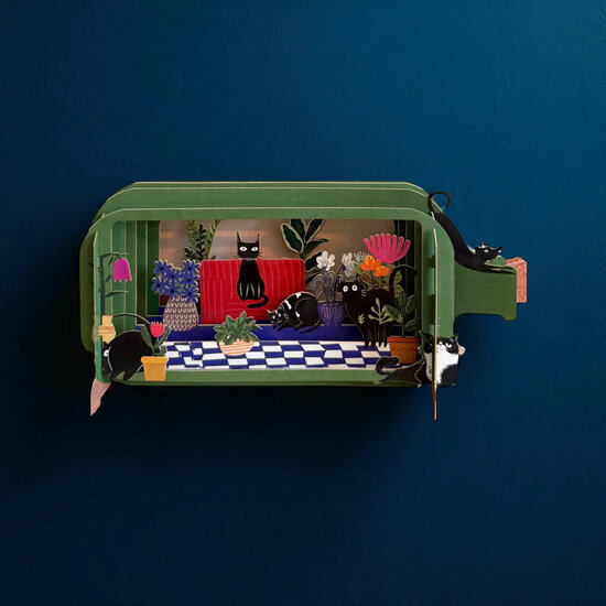 3D pop up wenskaart  - message in a bottle - katten | mullerwenskaarten