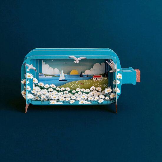 3D pop up wenskaart  - message in a bottle - aan de kust