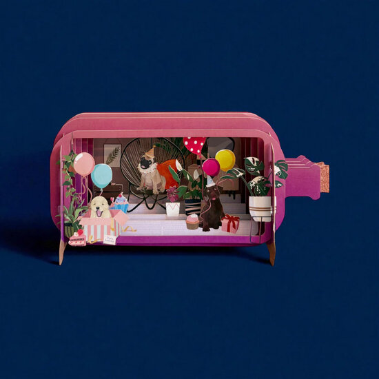 3D pop up wenskaart  - message in a bottle - honden vieren feest | mullerwenskaarten