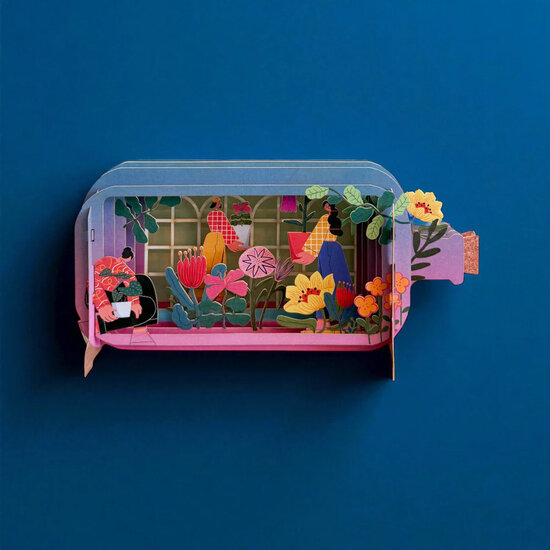 3D pop up wenskaart  - message in a bottle - tuin met bloemen