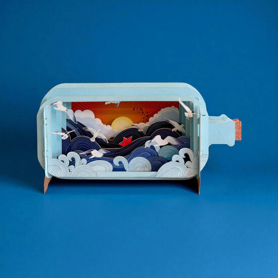 3D pop up wenskaart  - message in a bottle - papieren bootje op zee | mullerwenskaarten