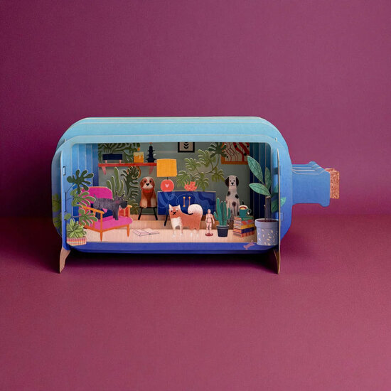 3D pop up wenskaart  - message in a bottle - honden en planten | mullerwenskaarten