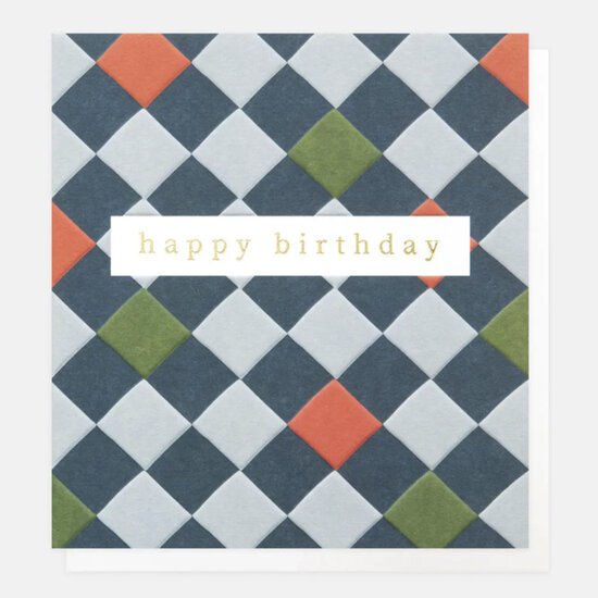 verjaardagskaart caroline gardner - happy birthday - ruiten op  donker en lichtblauw |Muller wenskaarten