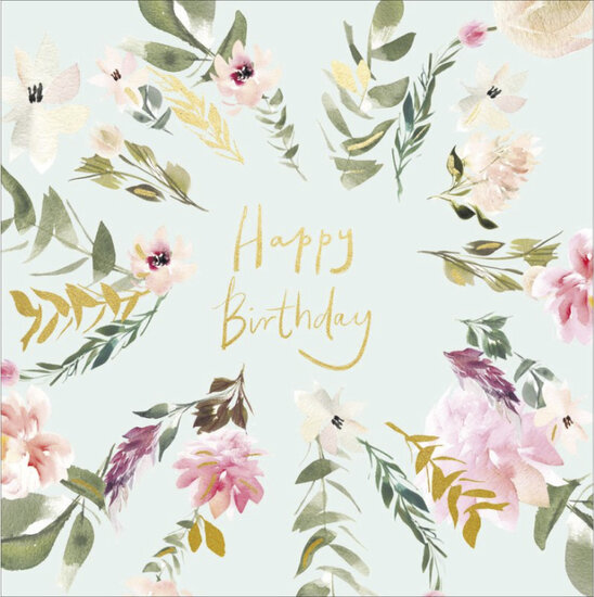 verjaardagskaart woodmansterne - happy birthday - bloemen lichtblauw | muller wenskaarten