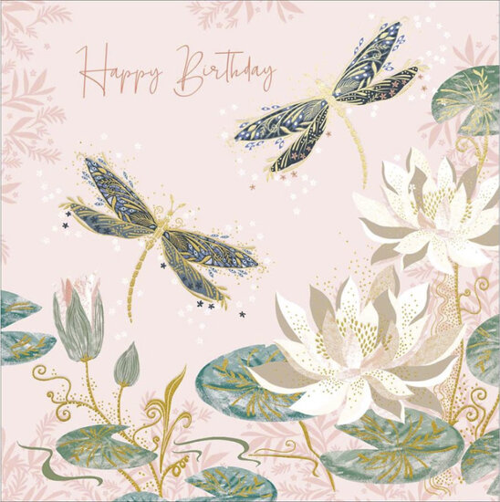verjaardagskaart woodmansterne - happy birthday - libelle op waterlelie| muller wenskaarten