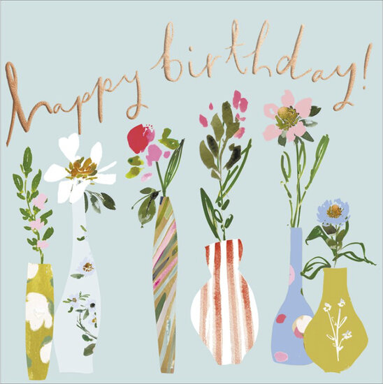 verjaardagskaart woodmansterne - happy birthday - bloemen in vaasjes | muller wenskaarten