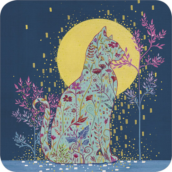 vierkante ansichtkaart met envelop van jehanne weyman - kat in maanlicht | muller wenskaarten