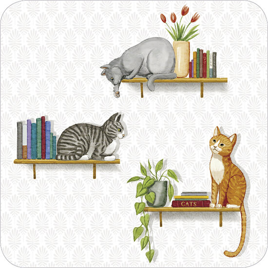 vierkante ansichtkaart met envelop van Rosie Hilyer - katten op boekenplank | muller wenskaarten
