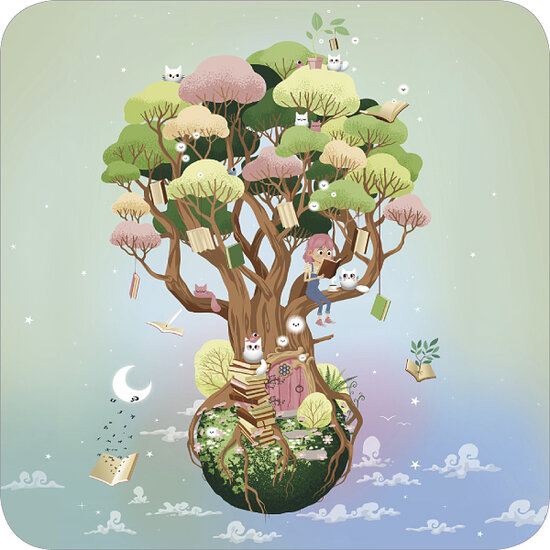 vierkante ansichtkaart met envelop van R&eacute;my Tornior - lezende planeet| muller wenskaarten