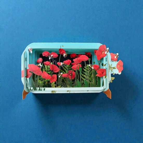 Bestel een mooie 3D pop up wenskaart  - message in a bottle - klaprozen bij Muller wenskaarten