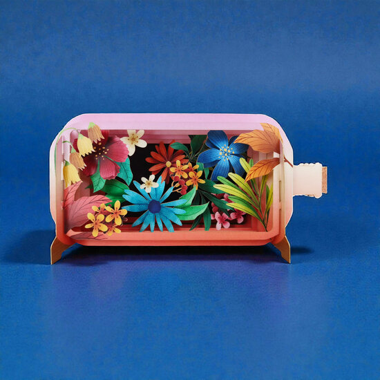 Bestel een mooie 3D pop up wenskaart  - message in a bottle - wilde bloemen bij Muller wenskaarten