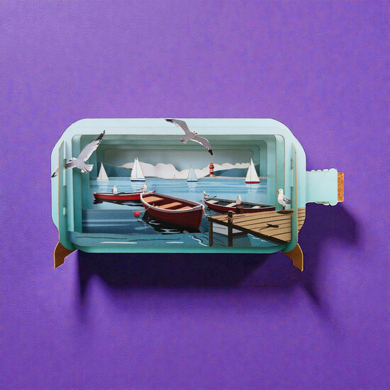 Bestel een mooie 3D pop up wenskaart  - message in a bottle - zeilboten in de haven bij Muller wenskaarten
