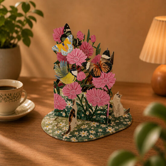 3D pop up wenskaart  - little moments - bloemen en vlinders in de tuin