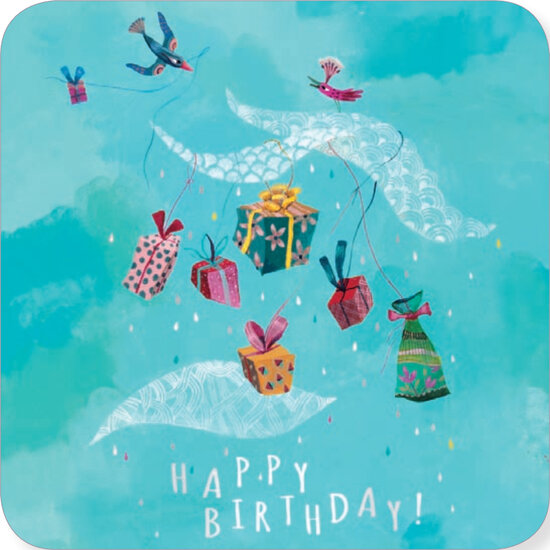 vierkante ansichtkaart met envelop van Izou - happy birthday - cadeautjes | muller wenskaarten