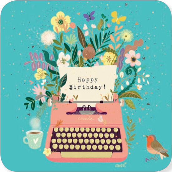 vierkante ansichtkaart met envelop van Audrey Bussi - happy birthday - typemachine | muller wenskaarten
