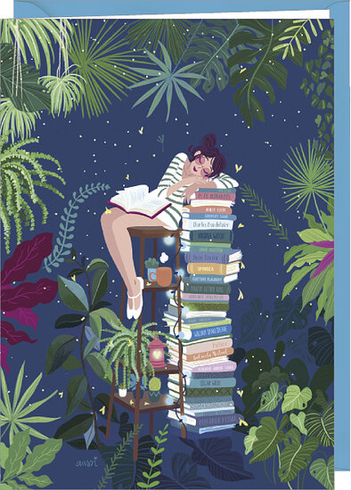 wenskaart code 5 Audrey Bussi - slapen op stapel boeken| mullerwenskaarten
