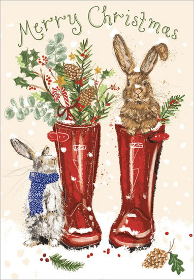 6 kerstkaarten woodmansterne - merry christmas - konijnen in laarzen|Muller wenskaarten