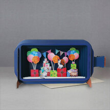 3D pop up wenskaart - message in a bottle - katten met ballonnen en cadeautjes