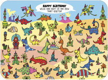 ansichtkaart - lali - zoekplaatje - happy birthday - welke dino heeft er van jouw taart gegeten?