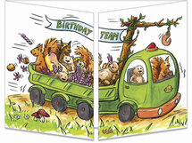 uitklapbare verjaardagskaart cache-cache - birthday team - eekhoorns en bevers