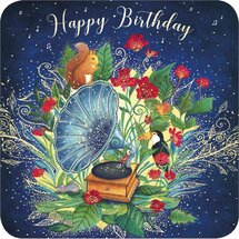 vierkante ansichtkaart met envelop van Jehanne Weyman - happy birthday - grammofoon