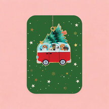 luxe kerstkaart met houten kerstboom hanger - busje met dieren