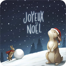 vierkante kerstansichtkaart met envelop Rosie Hilyer - Joyeux Noƫl - konijnen