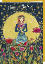 verjaardagskaart correspondances, jehanne weyman - happy birthday - vrouw met bloemen