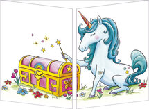 uitklapbare wenskaart cache-cache - eenhoorn en schatkist