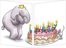 uitklapbare wenskaart cache-cache - happy birthday - olifant en muis bij taart