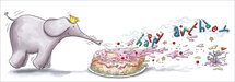 uitklapbare wenskaart cache-cache - happy birthday - olifant en muis bij taart