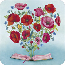 vierkante ansichtkaart met envelop - open boek met bloemen