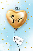 geboortekaartje - hoera een jongen - goudkleurige hartballon